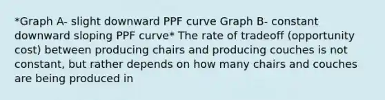 *Graph A- slight downward PPF curve Graph B- constant downward sloping PPF curve* The rate of tradeoff (opportunity cost) between producing chairs and producing couches is not constant, but rather depends on how many chairs and couches are being produced in