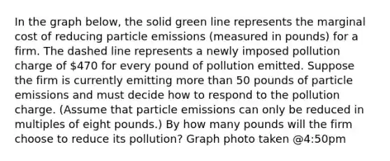 In the graph below, the solid green line represents the marginal cost of reducing particle emissions (measured in pounds) for a firm. The dashed line represents a newly imposed pollution charge of 470 for every pound of pollution emitted. Suppose the firm is currently emitting more than 50 pounds of particle emissions and must decide how to respond to the pollution charge. (Assume that particle emissions can only be reduced in multiples of eight pounds.) By how many pounds will the firm choose to reduce its pollution? Graph photo taken @4:50pm