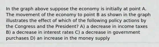 In the graph above suppose the economy is initially at point A. The movement of the economy to point B as shown in the graph illustrates the effect of which of the following policy actions by the Congress and the President? A) a decrease in income taxes B) a decrease in interest rates C) a decrease in government purchases D) an increase in the money supply