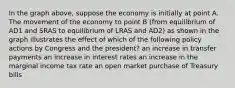 In the graph above, suppose the economy is initially at point A. The movement of the economy to point B (from equilibrium of AD1 and SRAS to equilibrium of LRAS and AD2) as shown in the graph illustrates the effect of which of the following policy actions by Congress and the president? an increase in transfer payments an increase in interest rates an increase in the marginal income tax rate an open market purchase of Treasury bills