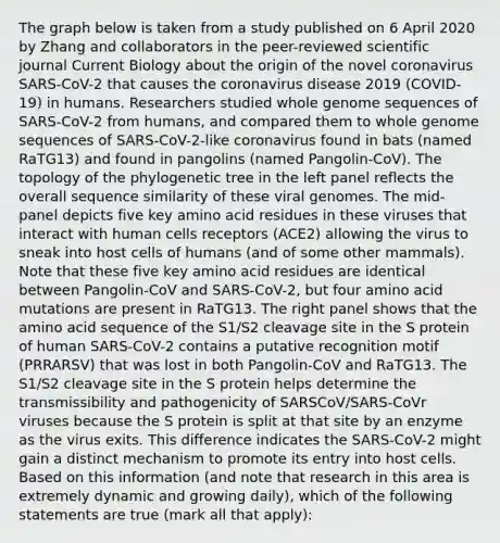 The graph below is taken from a study published on 6 April 2020 by Zhang and collaborators in the peer-reviewed scientific journal Current Biology about the origin of the novel coronavirus SARS-CoV-2 that causes the coronavirus disease 2019 (COVID-19) in humans. Researchers studied whole genome sequences of SARS-CoV-2 from humans, and compared them to whole genome sequences of SARS-CoV-2-like coronavirus found in bats (named RaTG13) and found in pangolins (named Pangolin-CoV). The topology of the phylogenetic tree in the left panel reflects the overall sequence similarity of these viral genomes. The mid-panel depicts five key amino acid residues in these viruses that interact with human cells receptors (ACE2) allowing the virus to sneak into host cells of humans (and of some other mammals). Note that these five key amino acid residues are identical between Pangolin-CoV and SARS-CoV-2, but four amino acid mutations are present in RaTG13. The right panel shows that the amino acid sequence of the S1/S2 cleavage site in the S protein of human SARS-CoV-2 contains a putative recognition motif (PRRARSV) that was lost in both Pangolin-CoV and RaTG13. The S1/S2 cleavage site in the S protein helps determine the transmissibility and pathogenicity of SARSCoV/SARS-CoVr viruses because the S protein is split at that site by an enzyme as the virus exits. This difference indicates the SARS-CoV-2 might gain a distinct mechanism to promote its entry into host cells. Based on this information (and note that research in this area is extremely dynamic and growing daily), which of the following statements are true (mark all that apply):