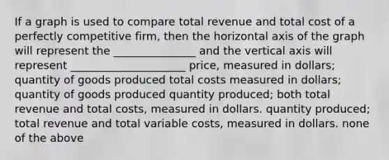 If a graph is used to compare total revenue and total cost of a perfectly competitive firm, then the horizontal axis of the graph will represent the _______________ and the vertical axis will represent _____________________ price, measured in dollars; quantity of goods produced total costs measured in dollars; quantity of goods produced quantity produced; both total revenue and total costs, measured in dollars. quantity produced; total revenue and total variable costs, measured in dollars. none of the above