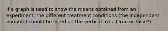 If a graph is used to show the means obtained from an experiment, the different treatment conditions (the independent variable) should be listed on the vertical axis. (True or false?)