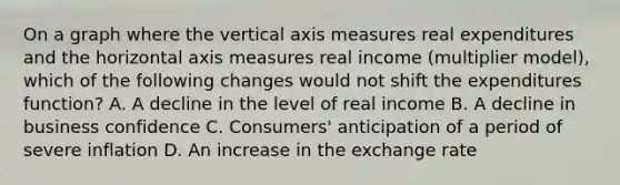 On a graph where the vertical axis measures real expenditures and the horizontal axis measures real income (multiplier model), which of the following changes would not shift the expenditures function? A. A decline in the level of real income B. A decline in business confidence C. Consumers' anticipation of a period of severe inflation D. An increase in the exchange rate