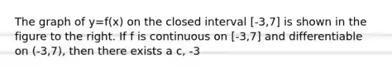 The graph of y=f(x) on the closed interval [-3,7] is shown in the figure to the right. If f is continuous on [-3,7] and differentiable on (-3,7), then there exists a c, -3<c<7, such that