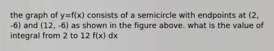 the graph of y=f(x) consists of a semicircle with endpoints at (2, -6) and (12, -6) as shown in the figure above. what is the value of integral from 2 to 12 f(x) dx