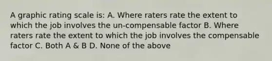 A graphic rating scale is: A. Where raters rate the extent to which the job involves the un-compensable factor B. Where raters rate the extent to which the job involves the compensable factor C. Both A & B D. None of the above