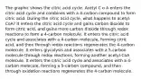 The graphic shows the citric acid cycle. Acetyl C o A enters the citric acid cycle and combines with a 4-carbon compound to form citric acid. During the citric acid cycle, what happens to acetyl-CoA? It enters the citric acid cycle and gains carbon dioxide to form citric acid, and gains more carbon dioxide through redox reactions to form a 4-carbon molecule. It enters the citric acid cycle and associates with a 4-carbon molecule, forming citric acid, and then through redox reactions regenerates the 4-carbon molecule. It enters glycolysis and associates with a 5-carbon molecule through redox reactions, forming another acetyl-CoA molecule. It enters the citric acid cycle and associates with a 4-carbon molecule, forming a 5-carbon compound, and then through oxidation reactions regenerates the 4-carbon molecule.