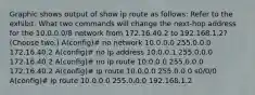 Graphic shows output of show ip route as follows: Refer to the exhibit. What two commands will change the next-hop address for the 10.0.0.0/8 network from 172.16.40.2 to 192.168.1.2? (Choose two.) A(config)# no network 10.0.0.0 255.0.0.0 172.16.40.2 A(config)# no ip address 10.0.0.1 255.0.0.0 172.16.40.2 A(config)# no ip route 10.0.0.0 255.0.0.0 172.16.40.2 A(config)# ip route 10.0.0.0 255.0.0.0 s0/0/0 A(config)# ip route 10.0.0.0 255.0.0.0 192.168.1.2