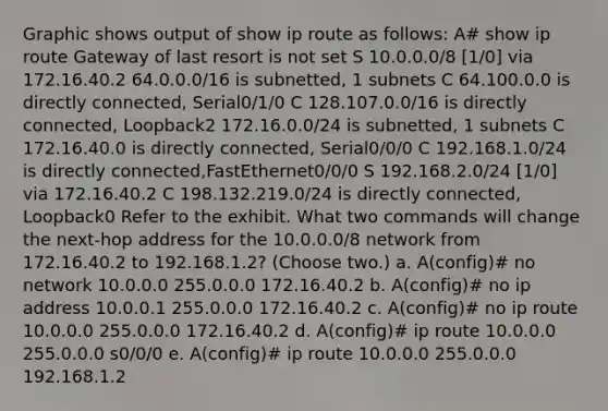 Graphic shows output of show ip route as follows: A# show ip route Gateway of last resort is not set S 10.0.0.0/8 [1/0] via 172.16.40.2 64.0.0.0/16 is subnetted, 1 subnets C 64.100.0.0 is directly connected, Serial0/1/0 C 128.107.0.0/16 is directly connected, Loopback2 172.16.0.0/24 is subnetted, 1 subnets C 172.16.40.0 is directly connected, Serial0/0/0 C 192.168.1.0/24 is directly connected,FastEthernet0/0/0 S 192.168.2.0/24 [1/0] via 172.16.40.2 C 198.132.219.0/24 is directly connected, Loopback0 Refer to the exhibit. What two commands will change the next-hop address for the 10.0.0.0/8 network from 172.16.40.2 to 192.168.1.2? (Choose two.) a. A(config)# no network 10.0.0.0 255.0.0.0 172.16.40.2 b. A(config)# no ip address 10.0.0.1 255.0.0.0 172.16.40.2 c. A(config)# no ip route 10.0.0.0 255.0.0.0 172.16.40.2 d. A(config)# ip route 10.0.0.0 255.0.0.0 s0/0/0 e. A(config)# ip route 10.0.0.0 255.0.0.0 192.168.1.2