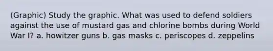 (Graphic) Study the graphic. What was used to defend soldiers against the use of mustard gas and chlorine bombs during World War I? a. howitzer guns b. gas masks c. periscopes d. zeppelins