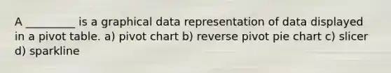 A _________ is a graphical data representation of data displayed in a pivot table. a) pivot chart b) reverse pivot <a href='https://www.questionai.com/knowledge/kDrHXijglR-pie-chart' class='anchor-knowledge'>pie chart</a> c) slicer d) sparkline