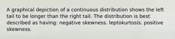 A graphical depiction of a continuous distribution shows the left tail to be longer than the right tail. The distribution is best described as having: negative skewness. leptokurtosis. positive skewness.