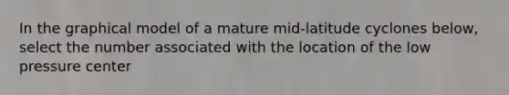 In the graphical model of a mature mid-latitude cyclones below, select the number associated with the location of the low pressure center