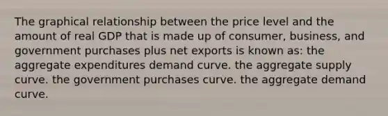 The graphical relationship between the price level and the amount of real GDP that is made up of consumer, business, and government purchases plus net exports is known as: the aggregate expenditures demand curve. the aggregate supply curve. the government purchases curve. the aggregate demand curve.