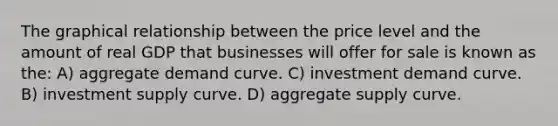 The graphical relationship between the price level and the amount of real GDP that businesses will offer for sale is known as the: A) aggregate demand curve. C) investment demand curve. B) investment supply curve. D) aggregate supply curve.