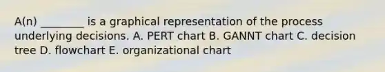 A(n) ________ is a graphical representation of the process underlying decisions. A. PERT chart B. GANNT chart C. decision tree D. flowchart E. organizational chart