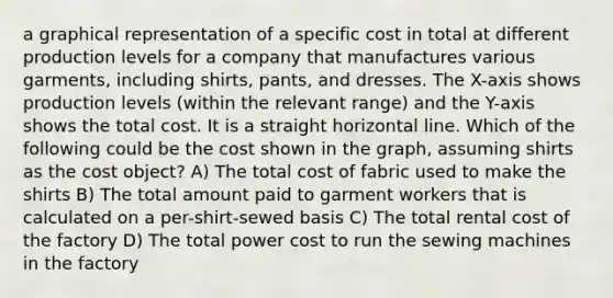 a graphical representation of a specific cost in total at different production levels for a company that manufactures various garments, including shirts, pants, and dresses. The X-axis shows production levels (within the relevant range) and the Y-axis shows the total cost. It is a straight horizontal line. Which of the following could be the cost shown in the graph, assuming shirts as the cost object? A) The total cost of fabric used to make the shirts B) The total amount paid to garment workers that is calculated on a per-shirt-sewed basis C) The total rental cost of the factory D) The total power cost to run the sewing machines in the factory