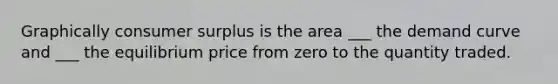 Graphically consumer surplus is the area ___ the demand curve and ___ the equilibrium price from zero to the quantity traded.