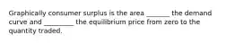 Graphically consumer surplus is the area _______ the demand curve and _________ the equilibrium price from zero to the quantity traded.