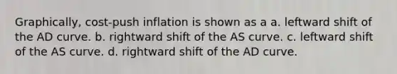 Graphically, cost-push inflation is shown as a a. leftward shift of the AD curve. b. rightward shift of the AS curve. c. leftward shift of the AS curve. d. rightward shift of the AD curve.