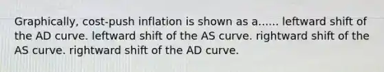 Graphically, cost-push inflation is shown as a...... leftward shift of the AD curve. leftward shift of the AS curve. rightward shift of the AS curve. rightward shift of the AD curve.