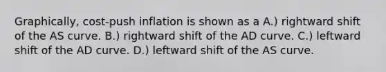 Graphically, cost-push inflation is shown as a A.) rightward shift of the AS curve. B.) rightward shift of the AD curve. C.) leftward shift of the AD curve. D.) leftward shift of the AS curve.