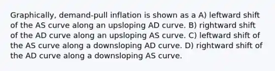 Graphically, demand-pull inflation is shown as a A) leftward shift of the AS curve along an upsloping AD curve. B) rightward shift of the AD curve along an upsloping AS curve. C) leftward shift of the AS curve along a downsloping AD curve. D) rightward shift of the AD curve along a downsloping AS curve.