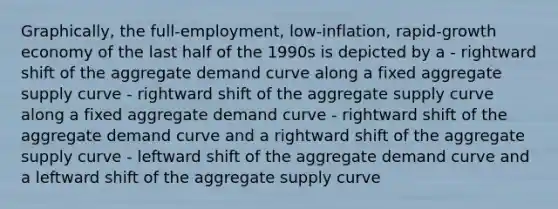 Graphically, the full-employment, low-inflation, rapid-growth economy of the last half of the 1990s is depicted by a - rightward shift of the aggregate demand curve along a fixed aggregate supply curve - rightward shift of the aggregate supply curve along a fixed aggregate demand curve - rightward shift of the aggregate demand curve and a rightward shift of the aggregate supply curve - leftward shift of the aggregate demand curve and a leftward shift of the aggregate supply curve