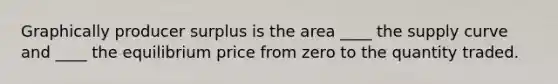 Graphically producer surplus is the area ____ the supply curve and ____ the equilibrium price from zero to the quantity traded.