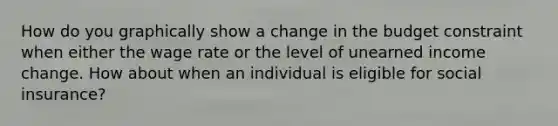 How do you graphically show a change in the budget constraint when either the wage rate or the level of unearned income change. How about when an individual is eligible for social insurance?