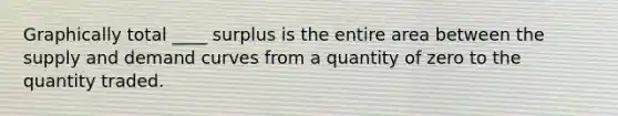 Graphically total ____ surplus is the entire area between the supply and demand curves from a quantity of zero to the quantity traded.