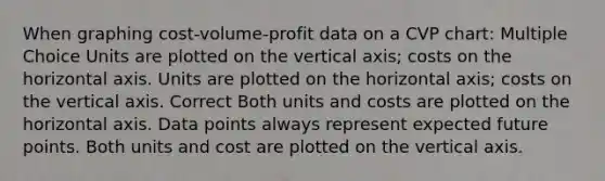 When graphing cost-volume-profit data on a CVP chart: Multiple Choice Units are plotted on the vertical axis; costs on the horizontal axis. Units are plotted on the horizontal axis; costs on the vertical axis. Correct Both units and costs are plotted on the horizontal axis. Data points always represent expected future points. Both units and cost are plotted on the vertical axis.