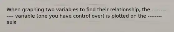 When graphing two variables to find their relationship, the ------------ variable (one you have control over) is plotted on the -------- axis