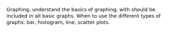 Graphing, understand the basics of graphing, with should be included in all basic graphs. When to use the different types of graphs; bar, histogram, line, scatter plots.