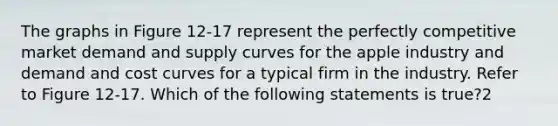 The graphs in Figure 12-17 represent the perfectly competitive market demand and supply curves for the apple industry and demand and cost curves for a typical firm in the industry. Refer to Figure 12-17. Which of the following statements is true?2