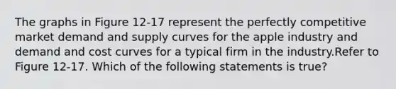 The graphs in Figure 12-17 represent the perfectly competitive market demand and supply curves for the apple industry and demand and cost curves for a typical firm in the industry.Refer to Figure 12-17. Which of the following statements is true?