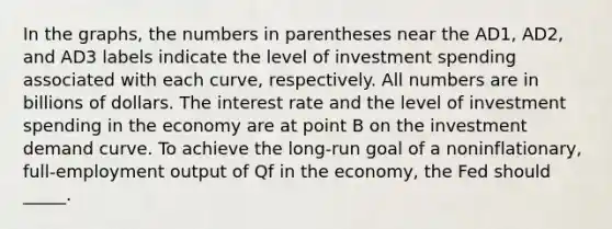 In the graphs, the numbers in parentheses near the AD1, AD2, and AD3 labels indicate the level of investment spending associated with each curve, respectively. All numbers are in billions of dollars. The interest rate and the level of investment spending in the economy are at point B on the investment demand curve. To achieve the long-run goal of a noninflationary, full-employment output of Qf in the economy, the Fed should _____.