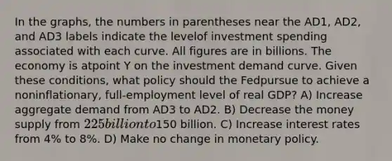 In the graphs, the numbers in parentheses near the AD1, AD2, and AD3 labels indicate the levelof investment spending associated with each curve. All figures are in billions. The economy is atpoint Y on the investment demand curve. Given these conditions, what policy should the Fedpursue to achieve a noninflationary, full-employment level of real GDP? A) Increase aggregate demand from AD3 to AD2. B) Decrease the money supply from 225 billion to150 billion. C) Increase interest rates from 4% to 8%. D) Make no change in monetary policy.