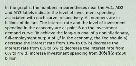 In the graphs, the numbers in parentheses near the Ad1, AD2 and AD3 labels indicate the level of investment spending associated with each curve, respectively. All numbers are in billions of dollars. The interest rate and the level of investment spending in the economy are at point B on the investment demand curve. To achieve the long-run goal of a noninflationary, full-employment output of Qf in the economy, the Fed should a) decrease the interest rate from 10% to 8% b) decrease the interest rate from 8% to 6% c) decrease the interest rate from 6% to 4% d) increase investment spending from 30 billion to60 billion