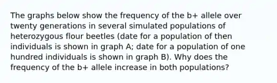 The graphs below show the frequency of the b+ allele over twenty generations in several simulated populations of heterozygous flour beetles (date for a population of then individuals is shown in graph A; date for a population of one hundred individuals is shown in graph B). Why does the frequency of the b+ allele increase in both populations?