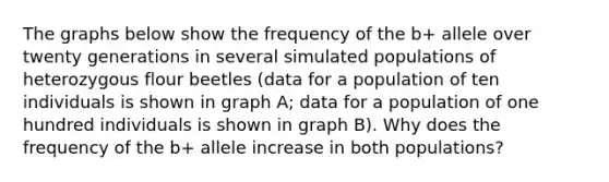 The graphs below show the frequency of the b+ allele over twenty generations in several simulated populations of heterozygous flour beetles (data for a population of ten individuals is shown in graph A; data for a population of one hundred individuals is shown in graph B). Why does the frequency of the b+ allele increase in both populations?