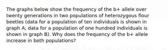 The graphs below show the frequency of the b+ allele over twenty generations in two populations of heterozygous flour beetles (data for a population of ten individuals is shown in graph A; data for a population of one hundred individuals is shown in graph B). Why does the frequency of the b+ allele increase in both populations?