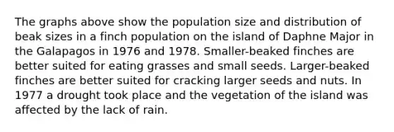 The graphs above show the population size and distribution of beak sizes in a finch population on the island of Daphne Major in the Galapagos in 1976 and 1978. Smaller-beaked finches are better suited for eating grasses and small seeds. Larger-beaked finches are better suited for cracking larger seeds and nuts. In 1977 a drought took place and the vegetation of the island was affected by the lack of rain.