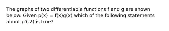 The graphs of two differentiable functions f and g are shown below. Given p(x) = f(x)g(x) which of the following statements about p'(-2) is true?