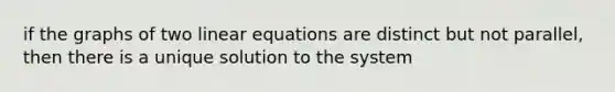 if the graphs of two linear equations are distinct but not parallel, then there is a unique solution to the system