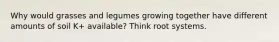 Why would grasses and legumes growing together have different amounts of soil K+ available? Think root systems.