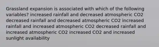 Grassland expansion is associated with which of the following variables? increased rainfall and decreased atmospheric CO2 decreased rainfall and decreased atmospheric CO2 increased rainfall and increased atmospheric CO2 decreased rainfall and increased atmospheric CO2 increased CO2 and increased sunlight availability