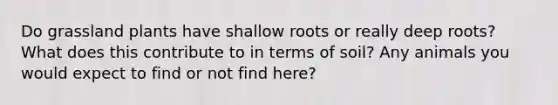 Do grassland plants have shallow roots or really deep roots? What does this contribute to in terms of soil? Any animals you would expect to find or not find here?