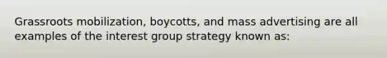 Grassroots mobilization, boycotts, and mass advertising are all examples of the interest group strategy known as: